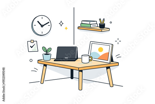Corners of rooms. Corner workspace with small desk, closed laptop, and framed art leaning casually. Everyday functionality meeting soft aesthetic. Minimalist
