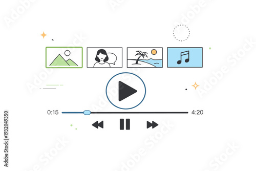 Streaming content. Abstract media player interface with timeline, play button, and simple thumbnails. Clean digital experience suggesting ease of choice and