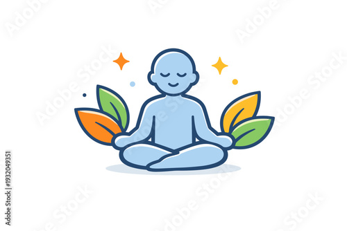 Wellness concept a calm human figure surrounded by leaves and soft sparkles, expressing balance, inner harmony, and mindful living. Minimalist flat vector