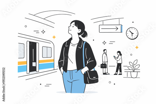City commute awareness. A commuter calmly walking or waiting in a station, eyes up, quietly observing architecture or people. Grounded presence feeling with