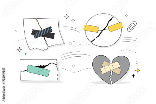 Repair tape aesthetics. Abstract editorial composition of torn objects, tape strips, and subtle motion lines layered in a soft collage. Conceptual visual of