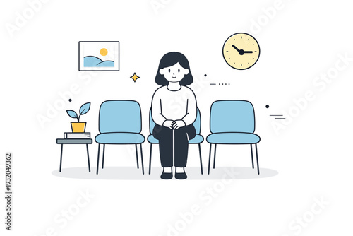 Everyday boredom realism. Scene of a waiting area with a single figure quietly sitting, hands in lap, minimal decor. Slow, patient, and uneventful moments made