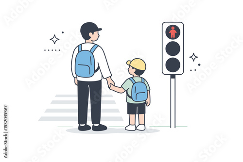 Standing at crossings. A parent and child holding hands while waiting for the signal to change. The scene feels safe, patient, and quietly attentive.