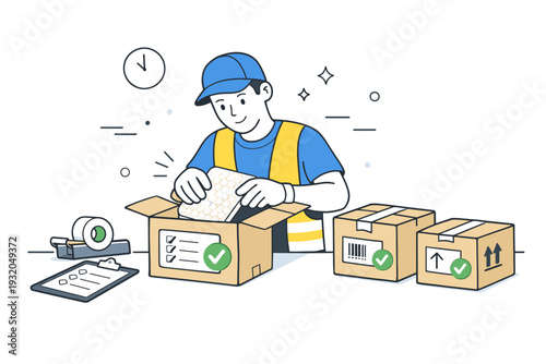 Warehouse and distribution operators. An operator packing goods into boxes with clear labels and checkmarks. Careful handling and attention to detail in