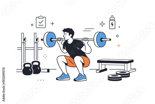 Gym strength workouts during off-season. Athlete performing controlled barbell squats in a quiet gym, focused posture and minimal equipment around. Calm