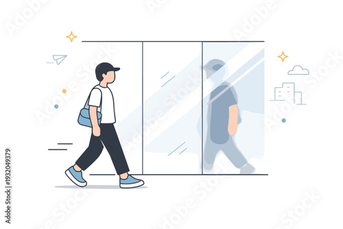 Reflections without identity. A person walking past reflective glass, but their image is partially obscured by light or design. Fleeting presence and blurred