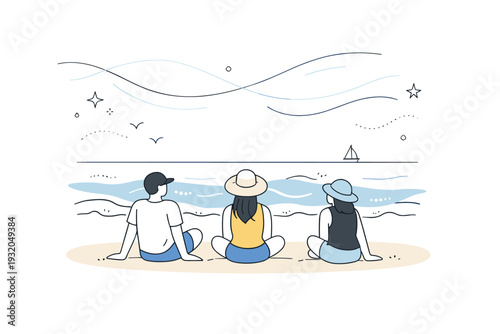 Beach relaxation by ocean waves. People sitting on the sand watching gentle waves, abstract floating line shapes and dots creating a calm, airy atmosphere.