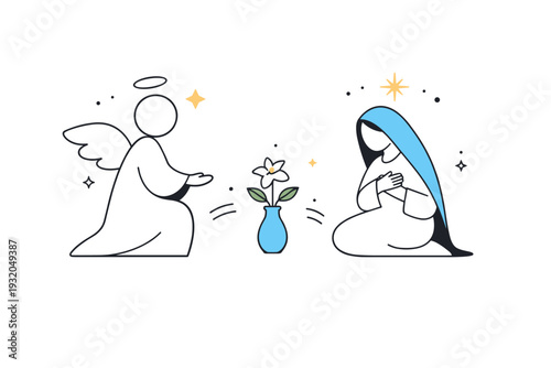 Feast of the Annunciation. A symbolic minimal scene with abstract figures and gentle light, focusing on acceptance, faith, and quiet wonder. The mood is soft,