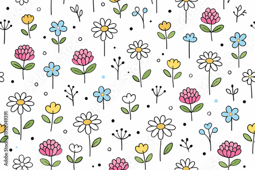 Wildflower meadow. Minimal repeating illustration featuring daisies, clover, and abstract meadow flowers arranged in a clean, modern pattern. Fresh, peaceful