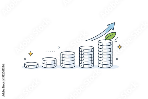Long-term investment growth. A minimal scene of stacked coins gradually increasing in height with a small leaf or arrow on top, representing compounding and