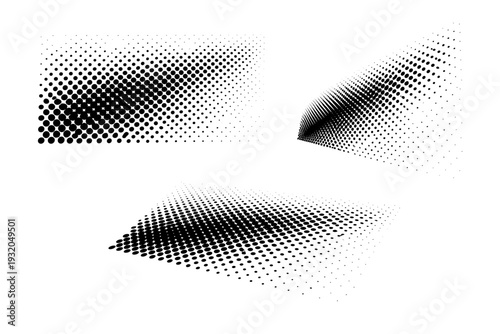 Halftone dotted background texture with diagonal dot flow shown from front view, side view, and three-quarter perspective as a single object set with realistic