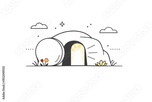 Empty tomb symbolism. Clean minimalist illustration of a simple stone tomb entrance with light flowing outward, expressing resurrection and new beginnings.