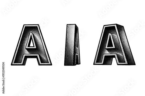 Dot typography outlined letter emblem with hollow interior volume shown from front view, side view, and three-quarter view as a single object set