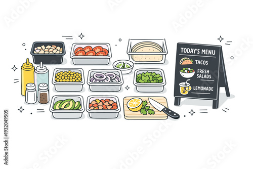 Spring festival food truck prep. Flat lay of prep containers, fresh ingredients, and a small menu board arranged neatly. Calm energetic mood capturing early
