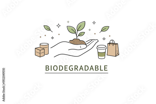 Biodegradable label design. A hand holding a plant with small packaging shapes around, soft gesture of care and environmental awareness. Calm editorial