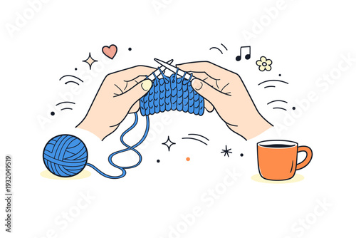 Analog creativity. Person knitting with yarn and needles, relaxed hands and steady rhythm. Feeling of mindfulness and warmth, soft motion lines and decorative