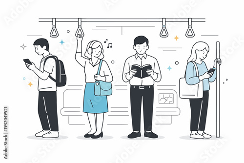 Public transport quiet scenes. Commuters standing silently in a subway car, spaced comfortably and focused inward. Shared stillness and unspoken rhythm of