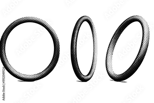 Dotted halftone circular frame. A single circular dotted frame shown in three views: front view, side view, and three-quarter view, highlighting smooth