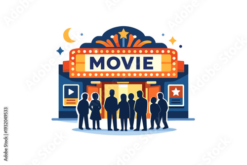 Movie theater entrance evening scene with marquee lights and simple crowd silhouettes, conveying social energy, anticipation and urban nightlife entertainment.