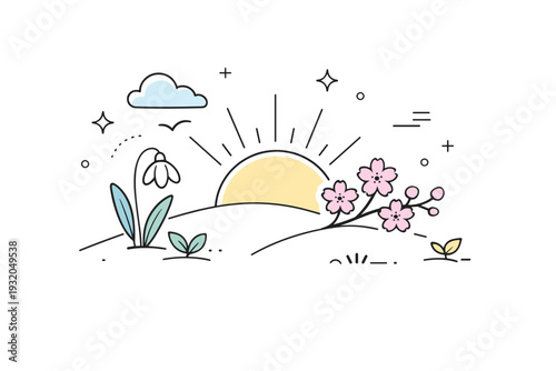 Nature awakening at equinox. A serene minimal scene showing first blossoms and rising light. Simple organic shapes and floating decorative elements express