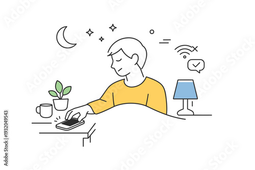 Unplugging in the evening. A person gently putting away a phone or turning off a device, creating mental space. The mood feels intentional, peaceful and