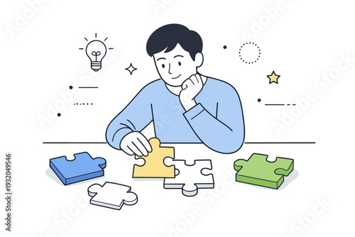 Problem solving. Calm editorial scene of a person thoughtfully arranging puzzle pieces on a clean surface, symbolizing analysis and clarity. The mood feels