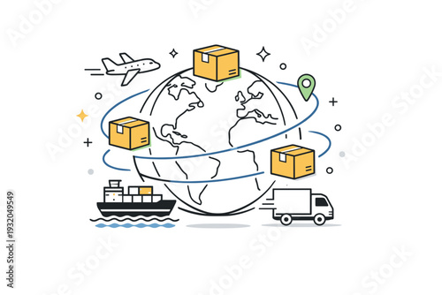 Global shipping. Clean editorial icon illustration of a globe combined with boxes and transport lines, representing international logistics and supply chains.