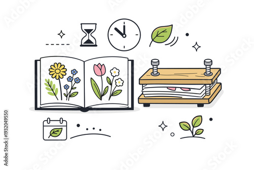 Spring flower pressing for holidays. Close-up style scene of flowers pressed inside a book or wooden press, sense of patience and care, abstract time and leaf