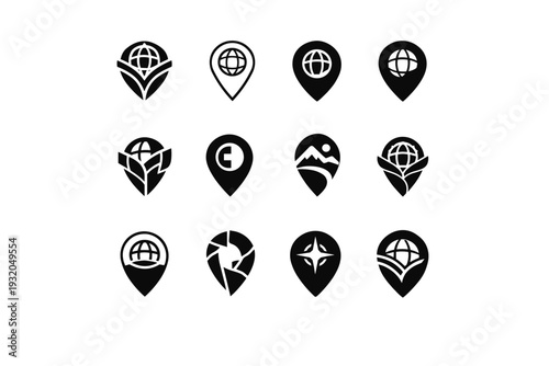 Discovery. Icon set. Set Logo of discovery: map location pin. harmonious logo variations of the same emblematic concept, each with different artistic