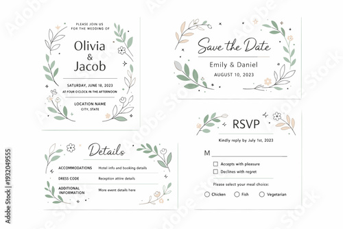 Floral wedding stationery concept. Abstract invitation cards framed by soft botanical elements such as leaves, sprigs, and small blossoms. The mood is calm,
