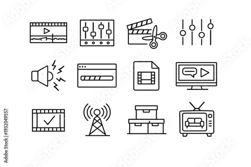 Post Production Sitcom. Line icon set of Post Production Sitcom: video editing timeline, audio mixing board, cut scenes scissors, color correction sliders,