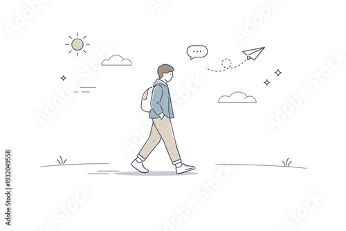 Slow walking scenes. Person walking alone across an open space with soft shadows and empty surroundings. Time to think, reset, and move with intention.