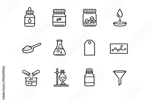 Chemical reagents. Line icon set of Chemical reagents: acid reagent bottle, base reagent container, salt compound jar, liquid reagent drop, powdered reagent