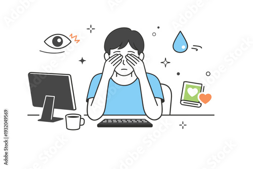 Digital eye strain awareness. A person gently rubbing their eyes while sitting at a desk with a monitor. Subtle concern and self-care suggested through simple