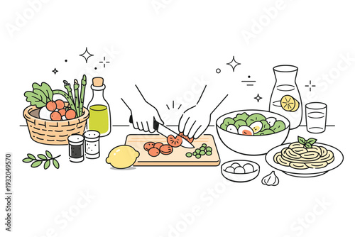 Spring holiday slow living aesthetics. A simple cooking moment with fresh seasonal ingredients on a kitchen counter, hands preparing an easy homemade meal.