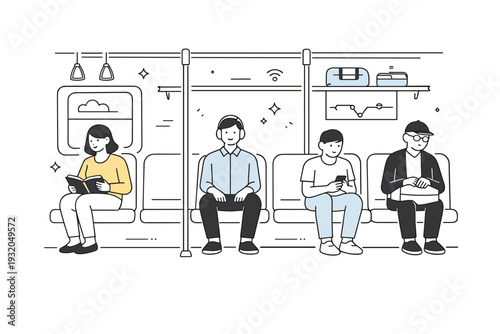 Riding public transport quietly. Interior view of a bus or train with spaced passengers and clean lines. Minimal movement, shared silence, calm commuting
