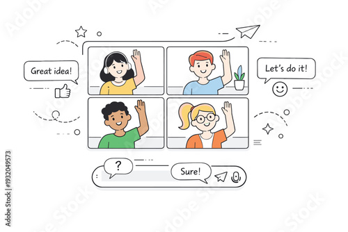 Virtual classroom interaction. Multiple screens show students raising hands and exchanging messages, suggesting engagement and collaboration. The scene feels