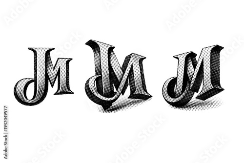 Minimal jewelry monogram logo represented as one object shown in three views: straight-on view, rotated view, and three-quarter perspective view with solid
