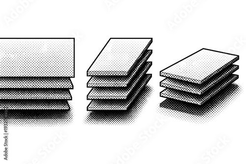 Layered halftone shadow stack. A compact shadow stack element is shown in three views: flat front view, stepped side view, and three-quarter perspective view,
