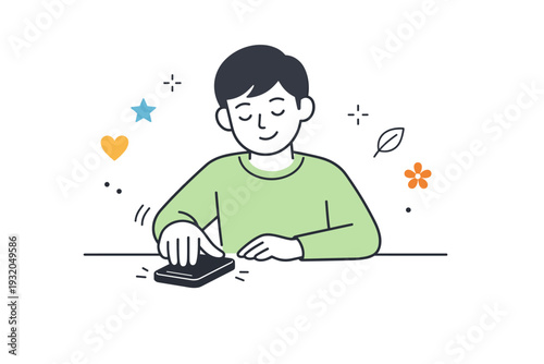 Digital detox moment. A character placing a phone face down on the table, choosing to disconnect. The mood is intentional and peaceful, with soft decorative