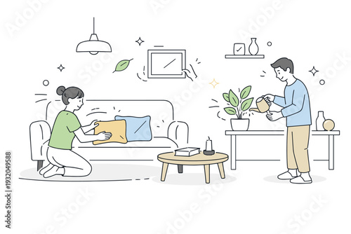 Light interior refresh visuals. A bright room with minimal furniture where pillows, plants, and small decor are being gently rearranged. The mood feels fresh,