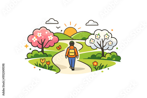 Morning walk in spring park gentle movement along a winding path with blooming trees and soft sunlight, expressing mindfulness, balance and a fresh start to