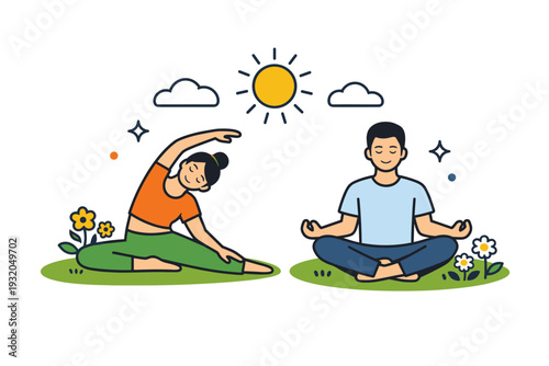 Outdoor spring activities people practicing light stretching or yoga on grass with flowers and sun elements, communicating wellness, calm focus, and seasonal