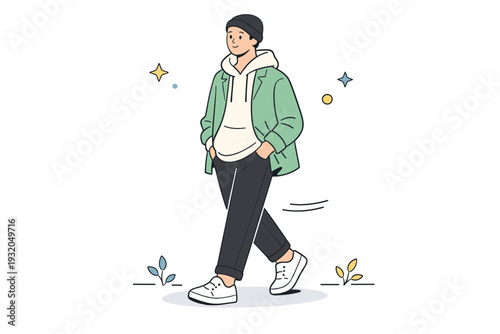Comfort clothing realism. Person walking slowly outdoors in relaxed layered clothing, hands in pockets. Effortless style, calm movement, soft confidence with