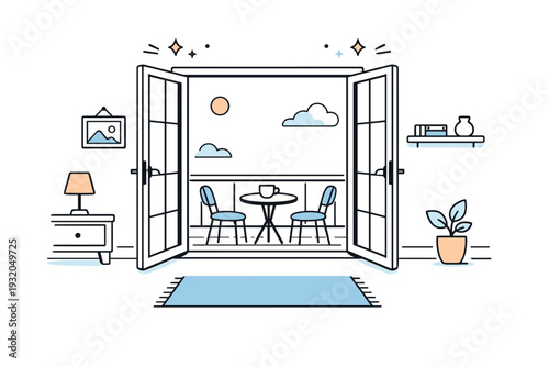 Balcony doors reopening. A room seen from behind with open doors leading to a small balcony, no people present. Absence, stillness, and everyday