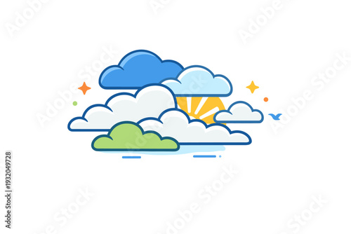 Spring cloudy sky showing layered clouds with small sun rays peeking through, symbolizing hope, balance, and mild spring atmosphere. The illustration