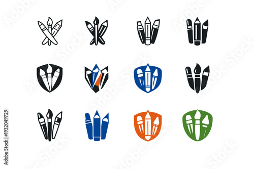 Art supplies: brushes, pencils, and markers. Icon set. Set Logo of Art supplies: marker pen. harmonious logo variations of the same emblematic concept, each