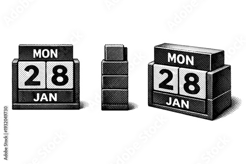 Perpetual calendar block. A perpetual calendar block object is displayed in three views: frontal view, side depth view, and three-quarter view, emphasizing