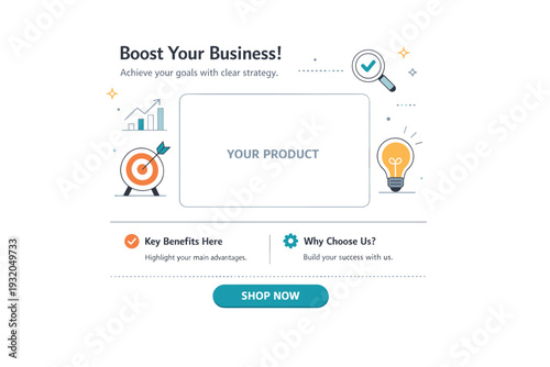 Brand promotion template. A post layout with product placeholder, call-to-action button, and short text blocks, confident and professional mood. The