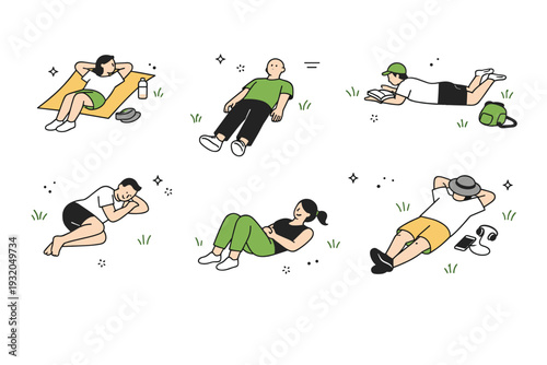 People lying on grass. Group of people lying separately on a wide lawn, evenly spaced. Quiet collective rest, personal space within shared nature. Minimalist
